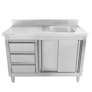 Mobile Lavello 1 Vasca con Alzatina e 3 Cassetti - 1200 x 600 mm - Vasca a Destra - Dynasteel