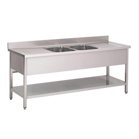 Lavello in acciaio inox con ripiano basso 2 vasche al centro-L 2000 x P 700mm- Gastro M