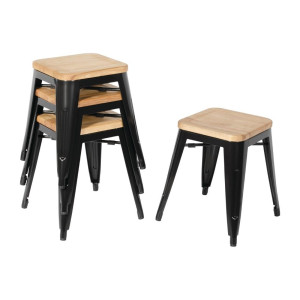 Black Steel Low Bistro Stools with Wooden Seat - Set of 4 - Bolero