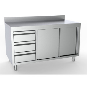 Mobile Inox Basso con Alzatina - 2 Porte e 3 Cassetti a Sinistra - L 1800 x P 700 mm - CombiSteel