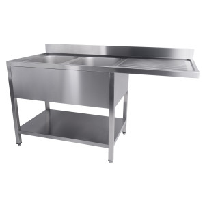 Lavello a 2 Vasche e Passaggio per Lavastoviglie a Destra con Alzatina e Mensola Smontabile - L 1600 x P 700 mm - CombiSteel