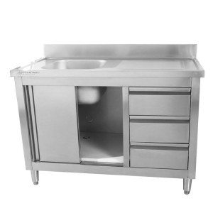 Mobile Lavello 1 Vasca con Alzatina e 3 Cassetti - 1200 x 600 mm - Vasca a Sinistra - Dynasteel
