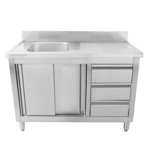 Mobile Lavello 1 Vasca con Alzatina e 3 Cassetti - 1200 x 600 mm - Vasca a Sinistra - Dynasteel