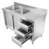 Mobile Lavello 2 Vasche con Alzatina e 3 Cassetti - 1400 x 600 mm - Vasca a Sinistra - Dynasteel