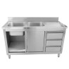 Mobile Lavello 2 Vasche con Alzatina e 3 Cassetti - 1400 x 600 mm - Vasca a Sinistra - Dynasteel