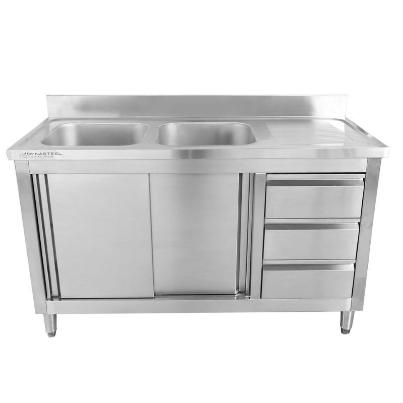 Mobile Lavello 2 Vasche con Alzatina e 3 Cassetti - 1400 x 600 mm - Vasca a Sinistra - Dynasteel