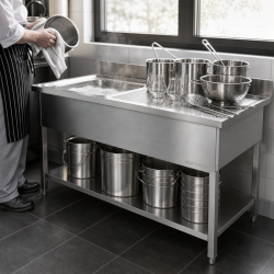 Lavello Inox 1 Vasca 1200x600 mm, Scolapiatti Destro, Alzatina