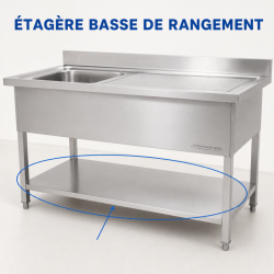 Lavello Inox 1 Vasca 1200x600 mm, Scolapiatti Destro, Alzatina