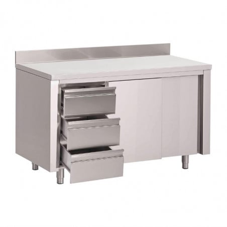 Tavolo Armadio in Acciaio Inox con Schienale 3 Cassetti a Sinistra e Porte Scorrevoli - L 1000 x P 700mm - Gastro M