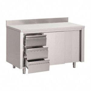 Tavolo Armadio in Acciaio Inox con Alzatina 3 Cassetti a Destra e Ante Scorrevoli - L 1200 x P 700mm - Gastro M