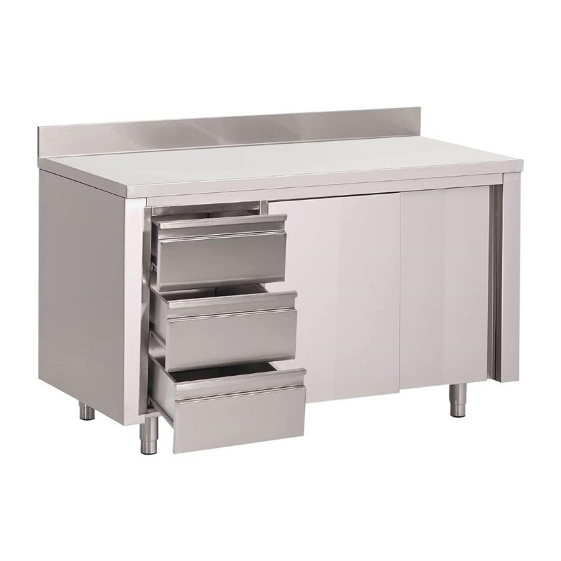 Tavolo Armadio in Acciaio Inox con Schienale 3 Cassetti a Sinistra e Porte Scorrevoli - L 1400 x P 700 mm - Gastro M