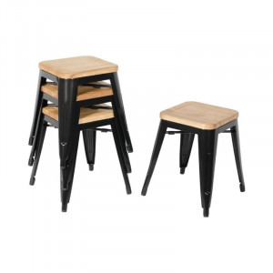 Black Steel Low Bistro Stools with Wooden Seat - Set of 4 - Bolero