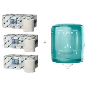 Pacco iniziale Distributore a srotolamento centrale e carta assorbente extra.