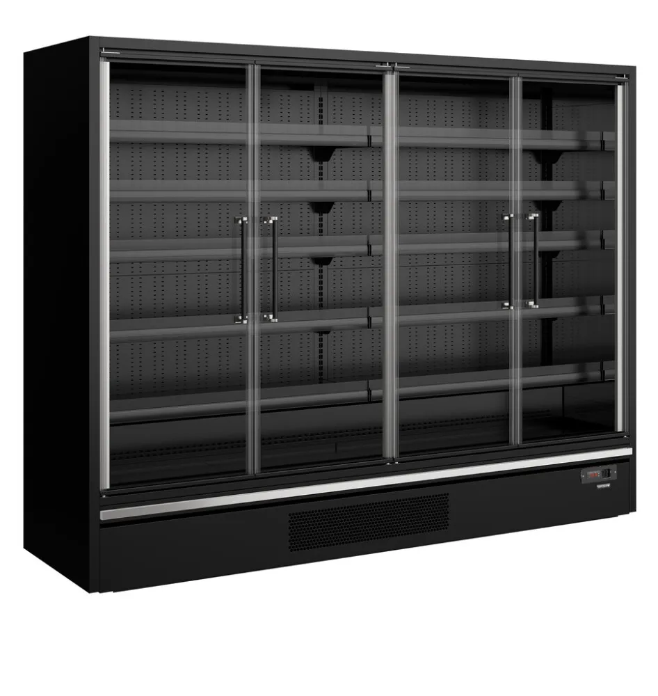 Vetrina Refrigerata da Supermercato Nera - 4 Porte in Vetro - 1258 L
