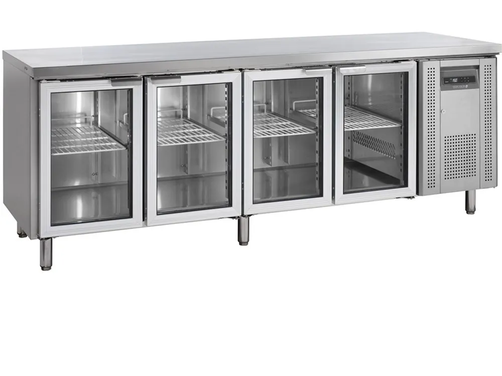 Tavolo Refrigerato con Alzatina in Acciaio Inox - 4 Porte Vetrate - GN 1/1