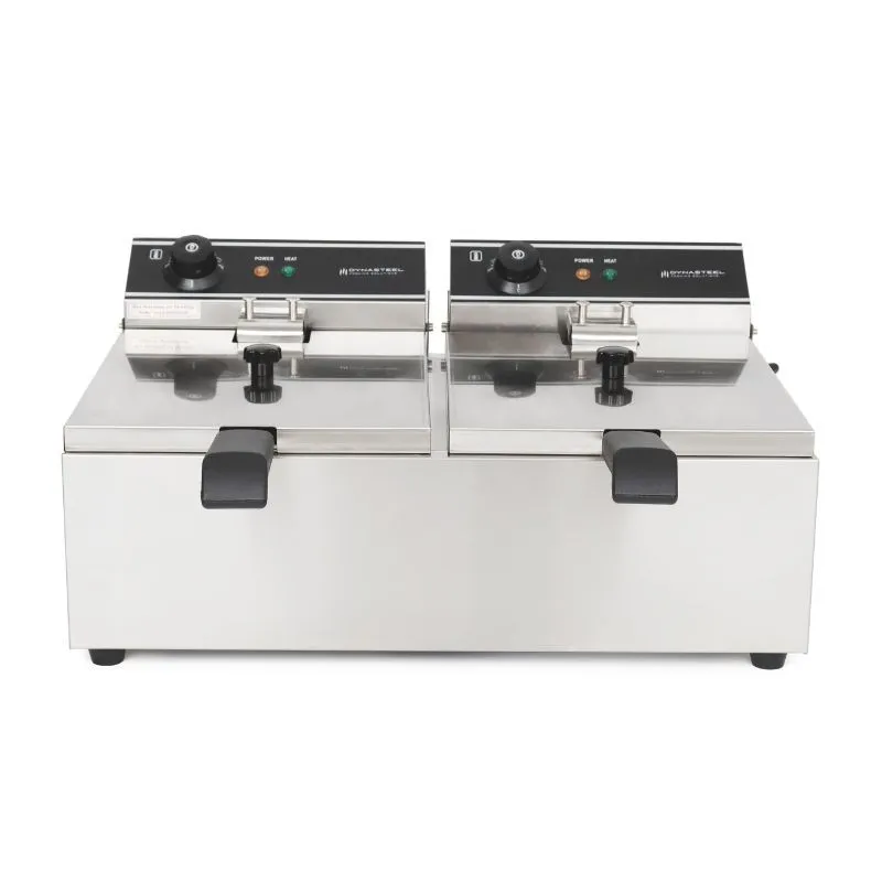 Friggitrice Professionale Doppia 2 x 10 L 6000 W, Termostato 50-200 °C, Timer, Vasche Inox, Snacking CHR