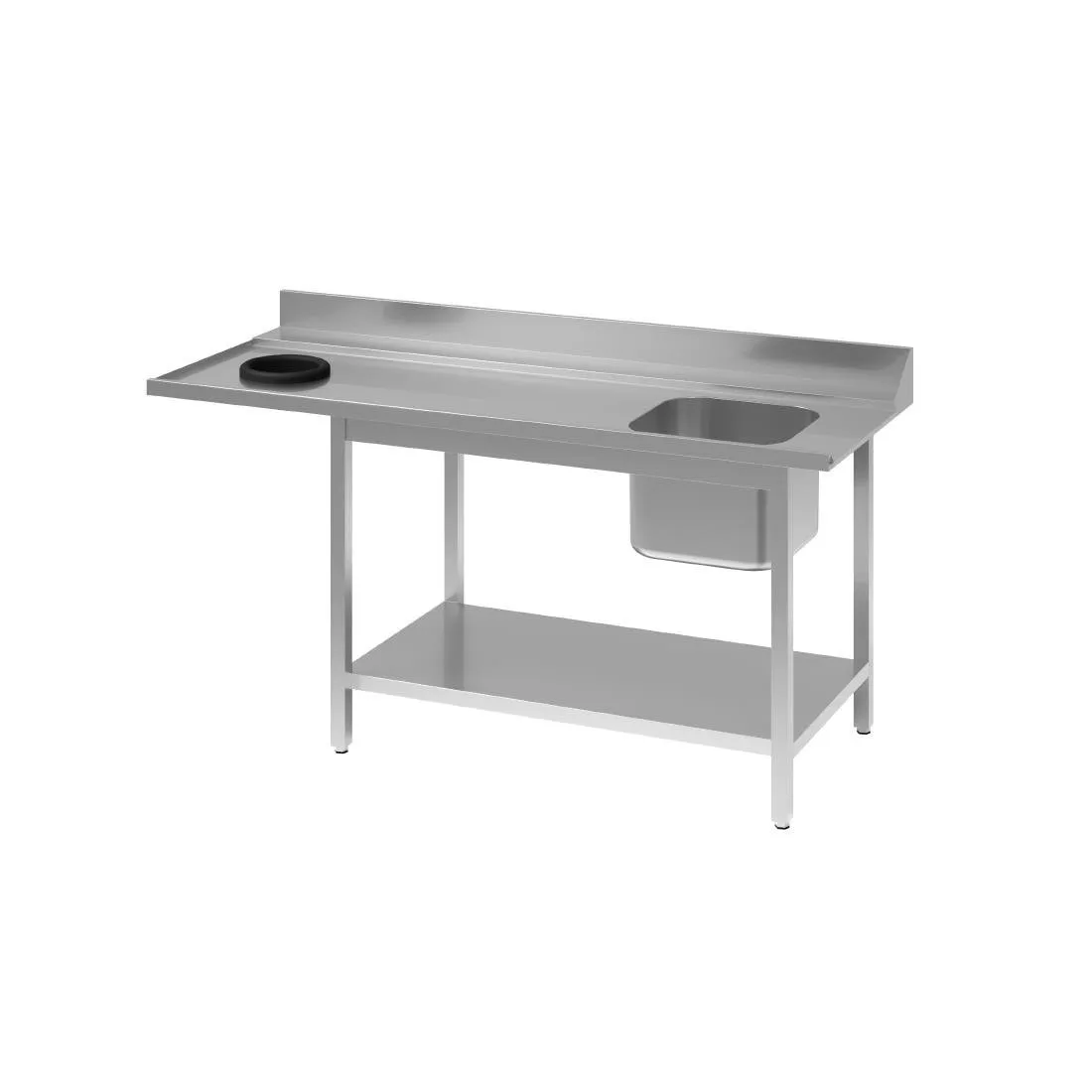 Tavolo d'ingresso per lavastoviglie in acciaio inox con vasca a destra, schienale TVO e ripiano inferiore - L 1000 x P 700mm