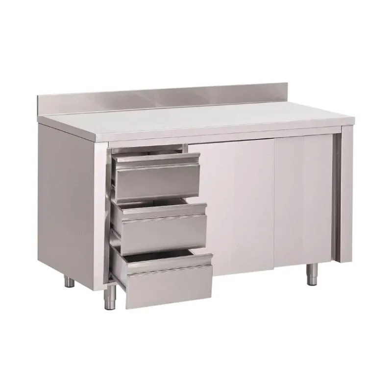 Tavolo Armadio in Acciaio Inox con Schienale 3 Cassetti a Sinistra e Ante Scorrevoli - L 1800 x P 700mm