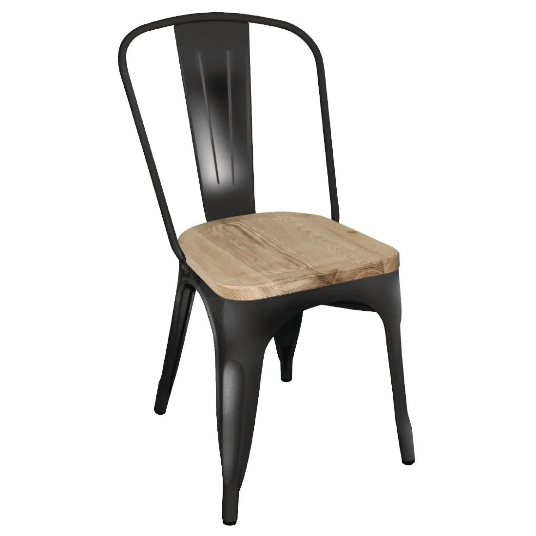 Sedia in Acciaio Nero con Seduta in Legno - Set di 4