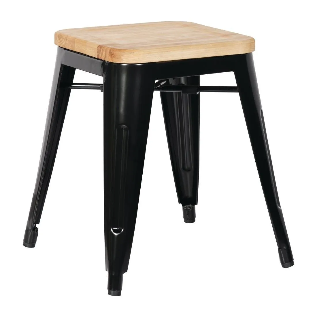 Sgabelli Bistro Bassi in Acciaio Nero con Seduta in Legno - Set di 4