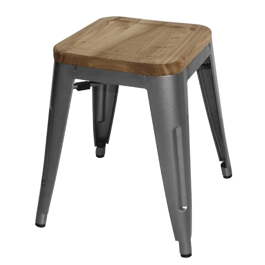 Sgabelli Bistro Bassi in Acciaio Grigio Metallo con Seduta in Legno - Set di 4