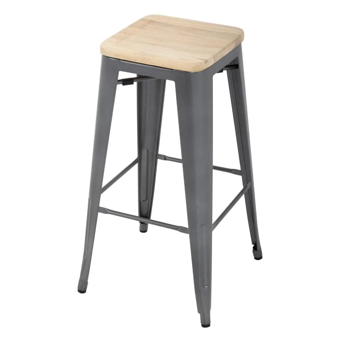 Sgabello Bistro Alto in Acciaio Grigio con Seduta in Legno - Set di 4