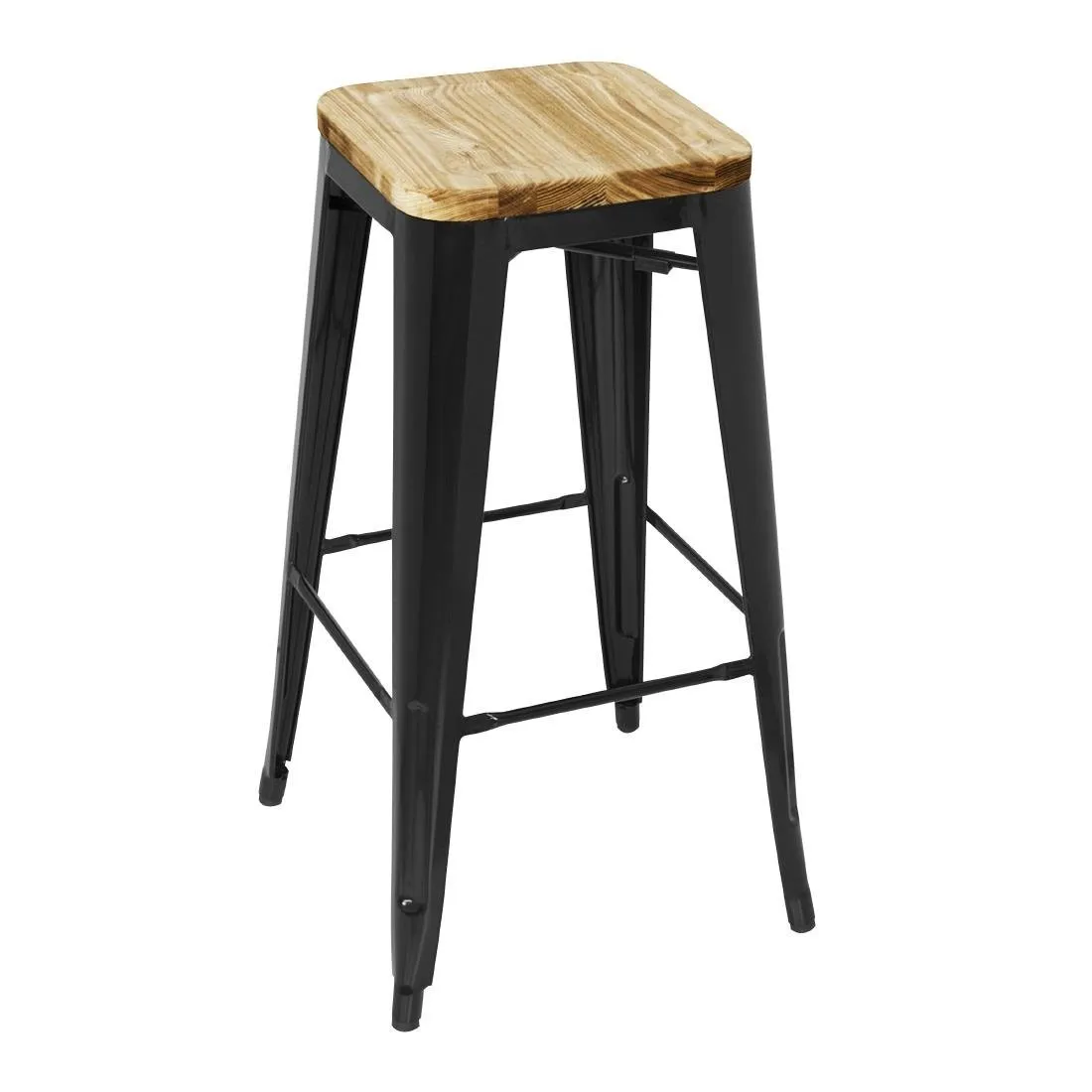 Sgabello Bistro Alto in Acciaio Nero con Seduta in Legno - Set di 4