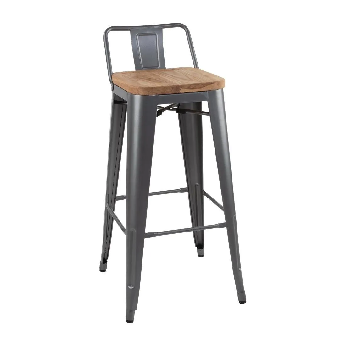 Sgabelli Alti con Schienale e Seduta in Legno - Grigio Metallizzato - Set di 4