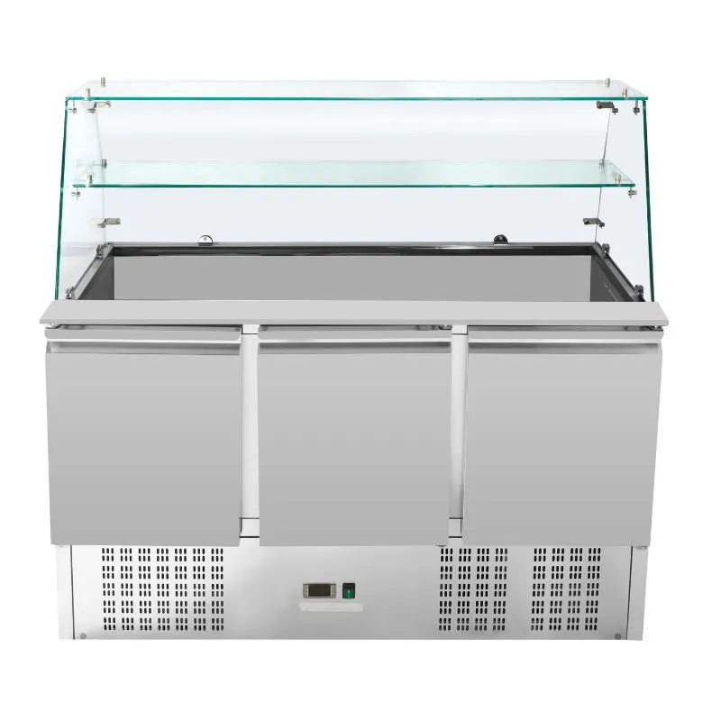 Saladette Refrigerata 3 Porte 368 L, Vetrina in Vetro, Vasche GN 1/1, 0/+10 °C, Inox, Freddo Statico