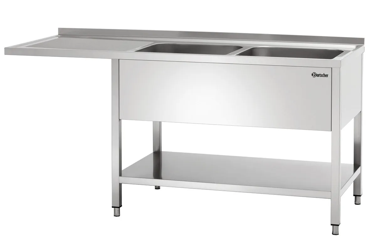Lavello a 2 Vasche con Passaggio Lavastoviglie, Alzatina e Ripiano Inferiore - L 1800 x P 700 mm