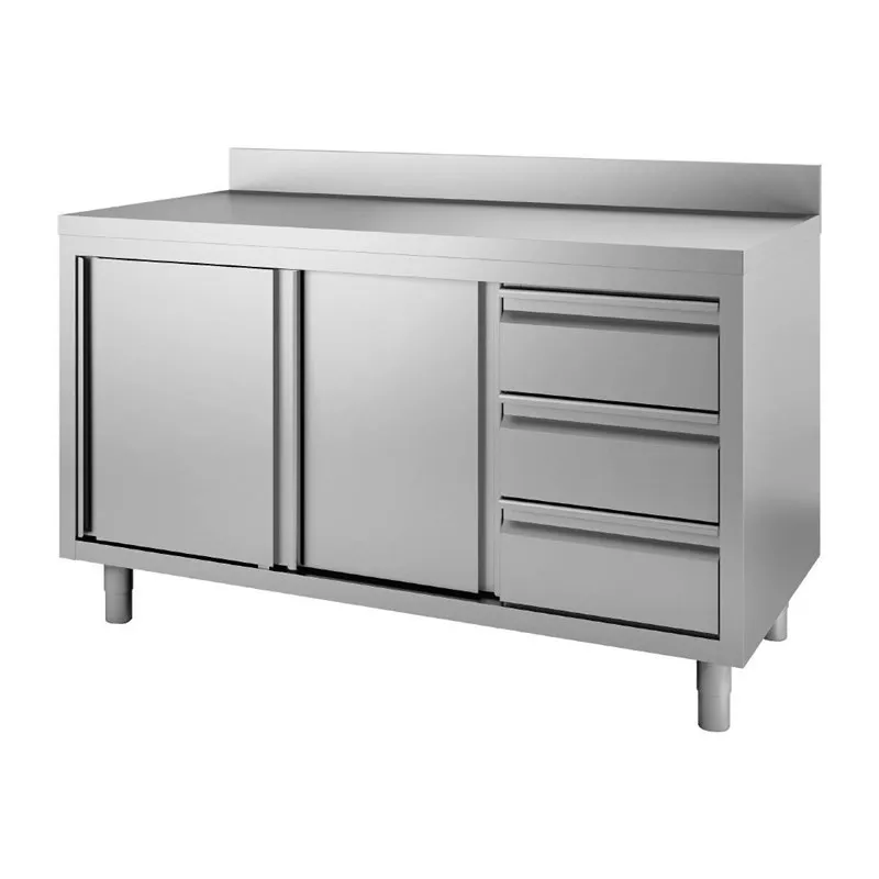 Tavolo Armadio in Acciaio Inox con Alzatina 3 Cassetti a Destra e Ante Scorrevoli - L 1200 x P 700mm