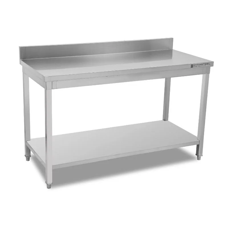 Tavolo Inox Professionale 1400 x 600 mm con Alzatina e Ripiano Inferiore, Altezza 950 mm, AISI 201
