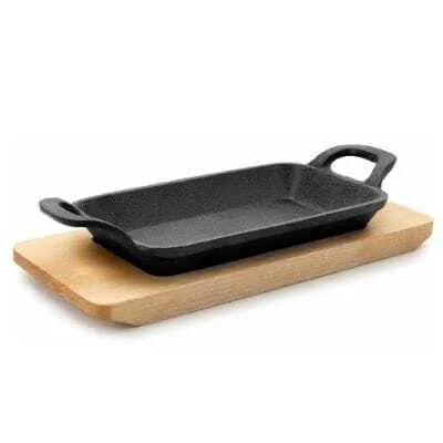 Mini Piastra Grill Liscia con Base in Legno - 22,5 x 10 cm