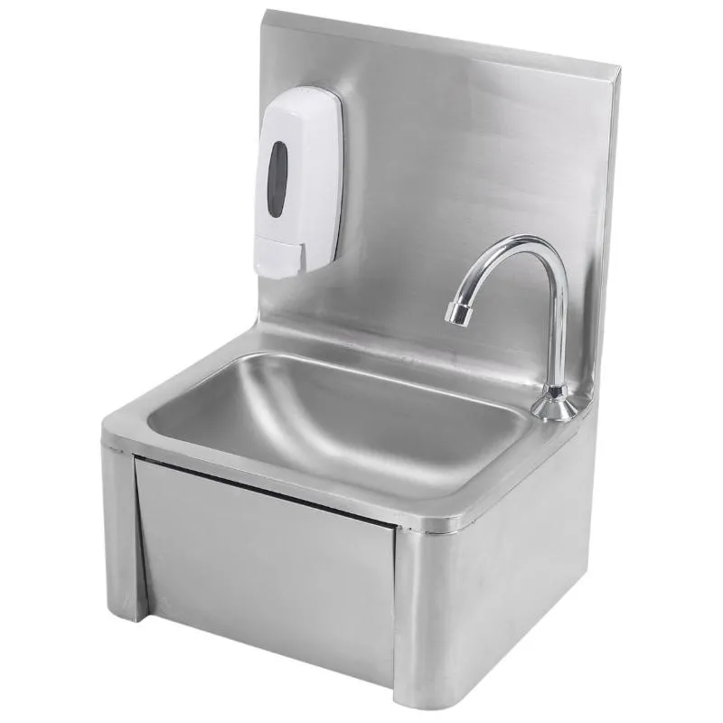 Lavamani Inox a Comando a Ginocchio 430 x 330 mm, Alzatina e Dosatore di Sapone, Cucina Pro CHR