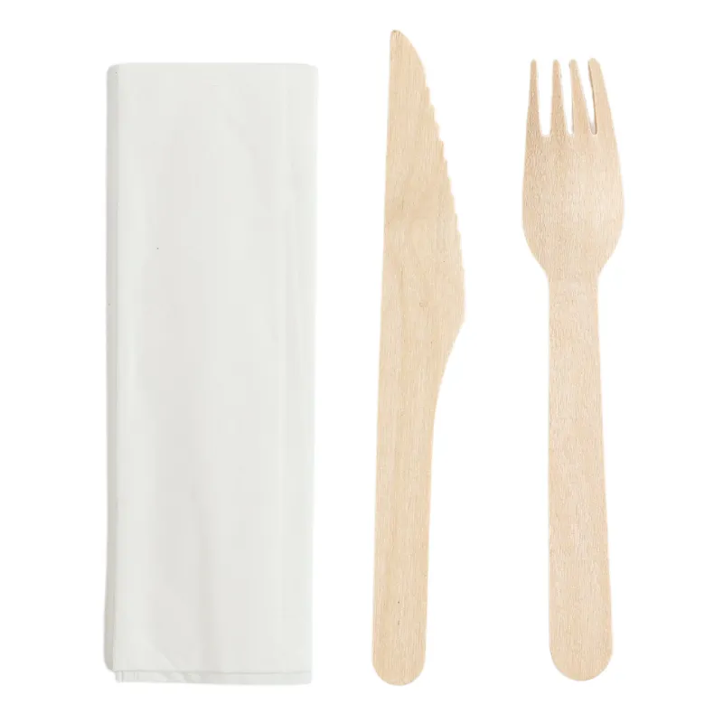 Set di Posate in Legno 3 Pezzi: Coltello, Forchetta, Tovagliolo - Lotto da 250