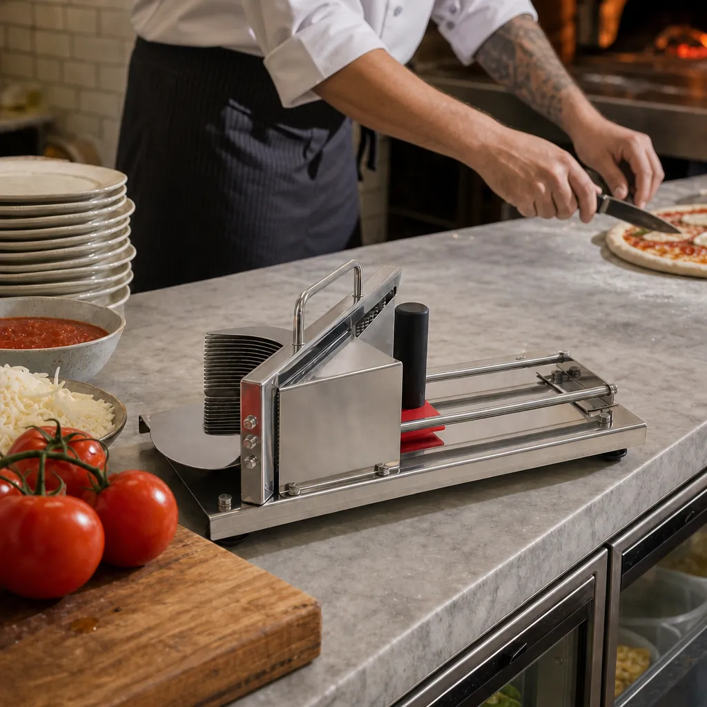 Affettatopomodori Manuale Professionale Lama 4 mm, Inox, Spintore Ergonomico, Fette Regolari CHR