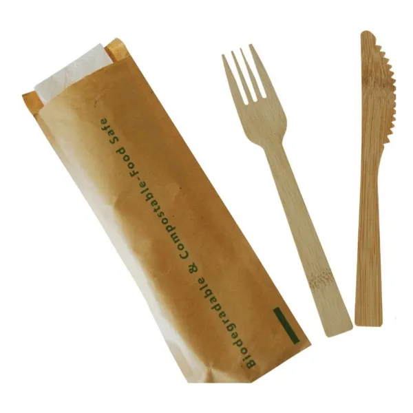 Couverts en Bambou - Kit 3 Pièces : Couteau, Fourchette et Serviette - Lot de 200