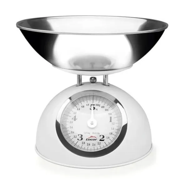 Bilancia meccanica retrò bianca con piatto in acciaio inox - Capacità 5 kg